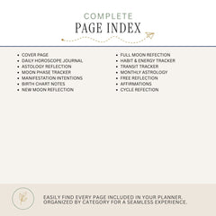 A page index cover for a planner or journal, with the title 'COMPLETE PAGE INDEX' at the top and a bulleted list of included pages such as cover page, daily horoscope journal, astrology reflection, moon phase tracker, and affirmation pages. The design is clean and minimal on a warm off-white background.