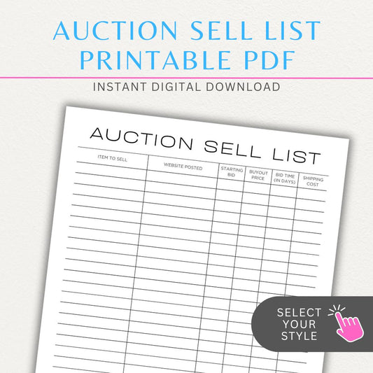 Auction Sell List Printable PDF Template featuring item descriptions, starting bids, final prices, and buyer details.

