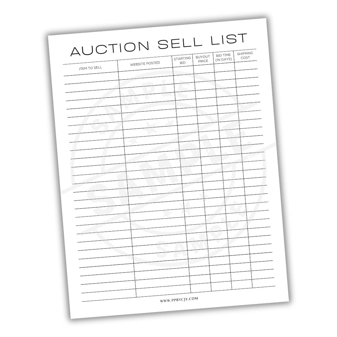 Auction sell list sheet with columns for item details on a white background
