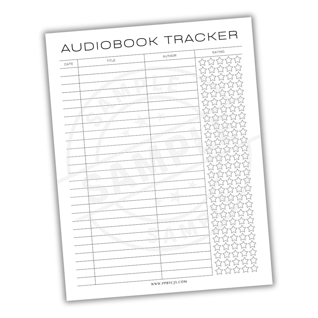 Audiobook tracker sheet with star ratings on a white background