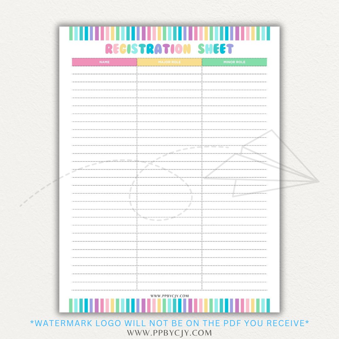 Audition Registration Sheet Printable PDF Template for Casting Calls and Talent Shows