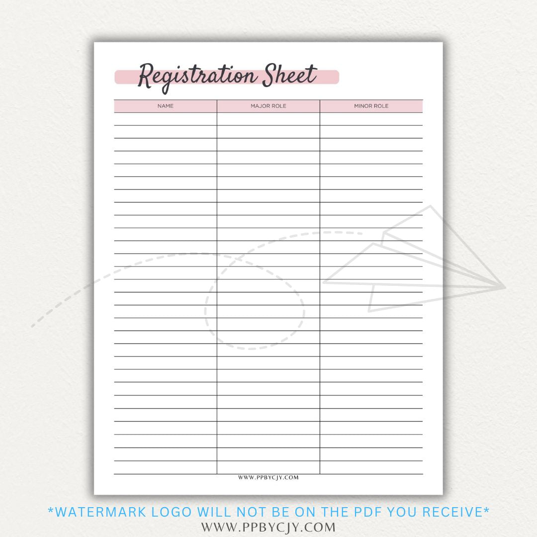Audition Registration Sheet Printable PDF Template for Casting Calls and Talent Shows