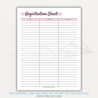 Audition Registration Sheet Printable PDF Template for Casting Calls and Talent Shows