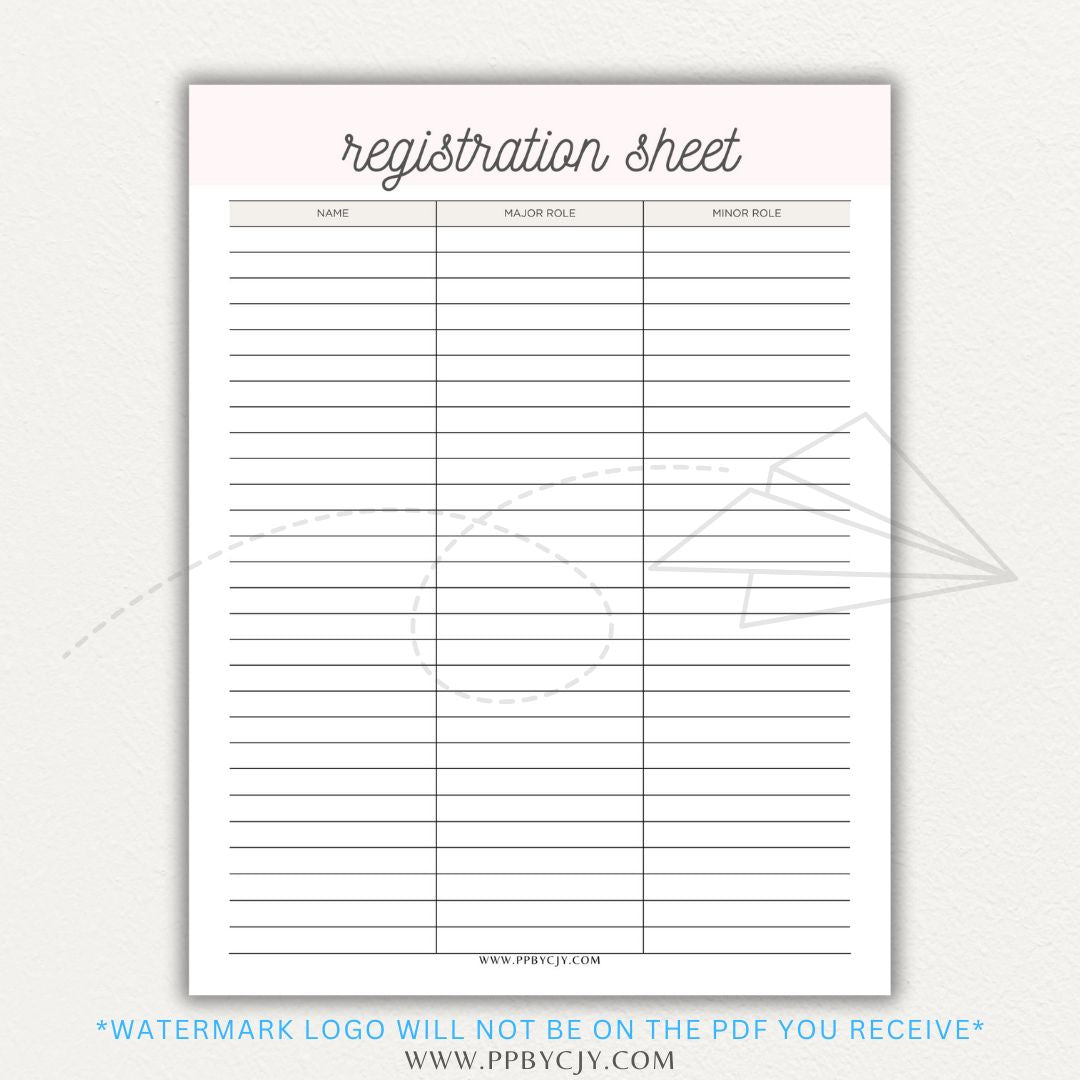 Audition Registration Sheet Printable PDF Template for Casting Calls and Talent Shows