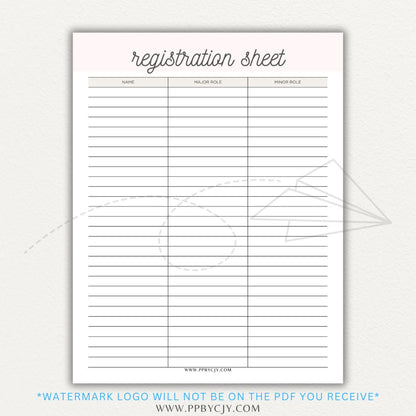 Audition Registration Sheet Printable PDF Template for Casting Calls and Talent Shows
