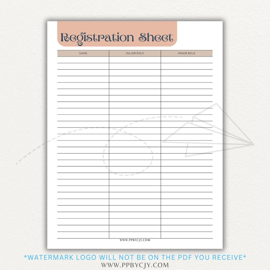 Audition Registration Sheet Printable PDF Template for Casting Calls and Talent Shows