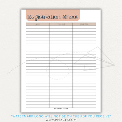 Audition Registration Sheet Printable PDF Template for Casting Calls and Talent Shows