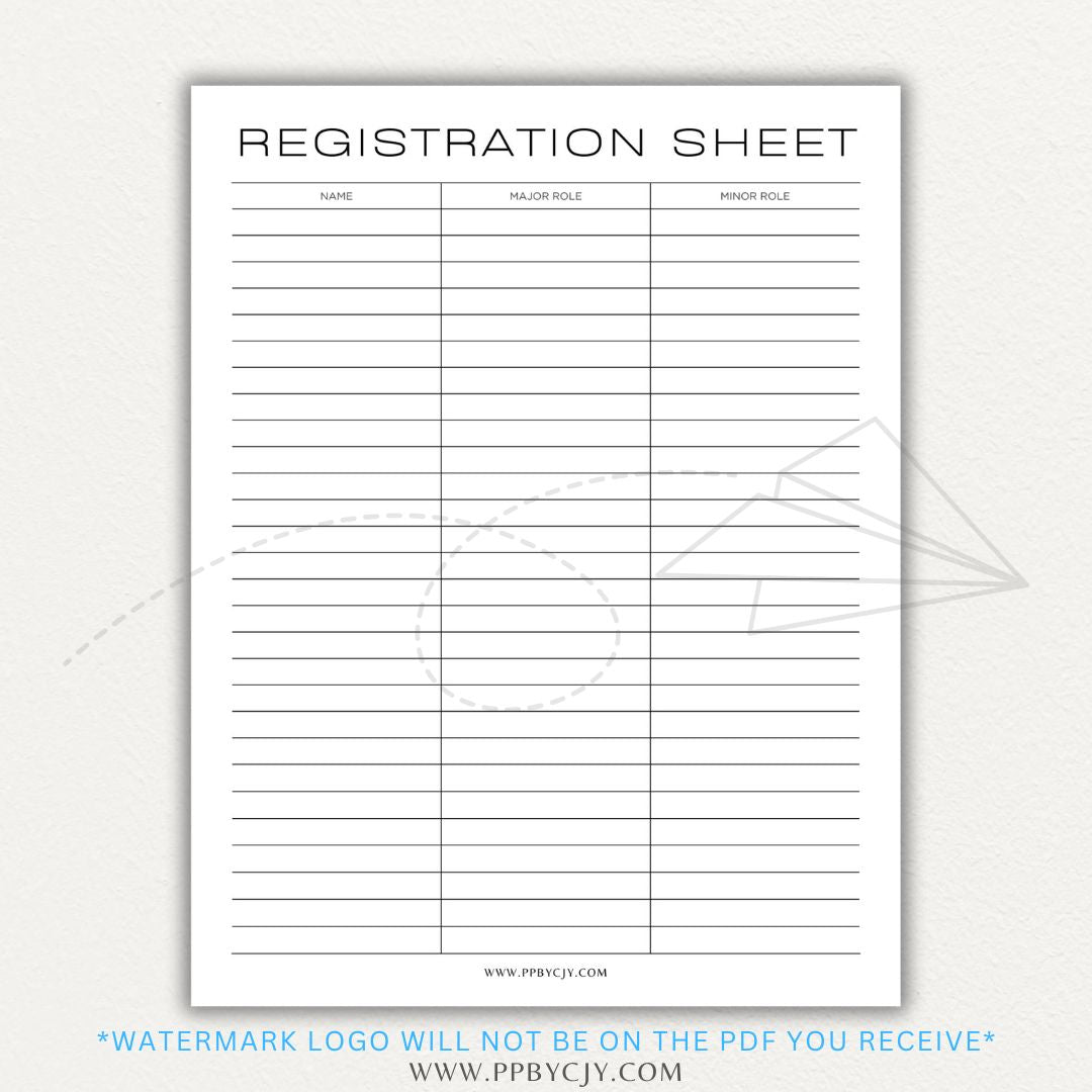 Audition Registration Sheet Printable PDF Template for Casting Calls and Talent Shows