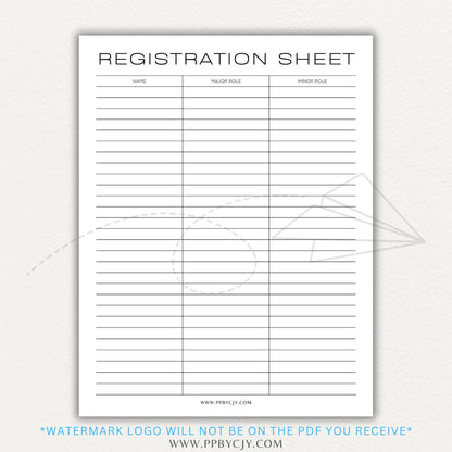 Audition Registration Sheet Printable PDF Template for Casting Calls and Talent Shows