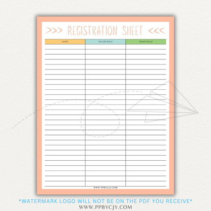 Audition Registration Sheet Printable PDF Template for Casting Calls and Talent Shows