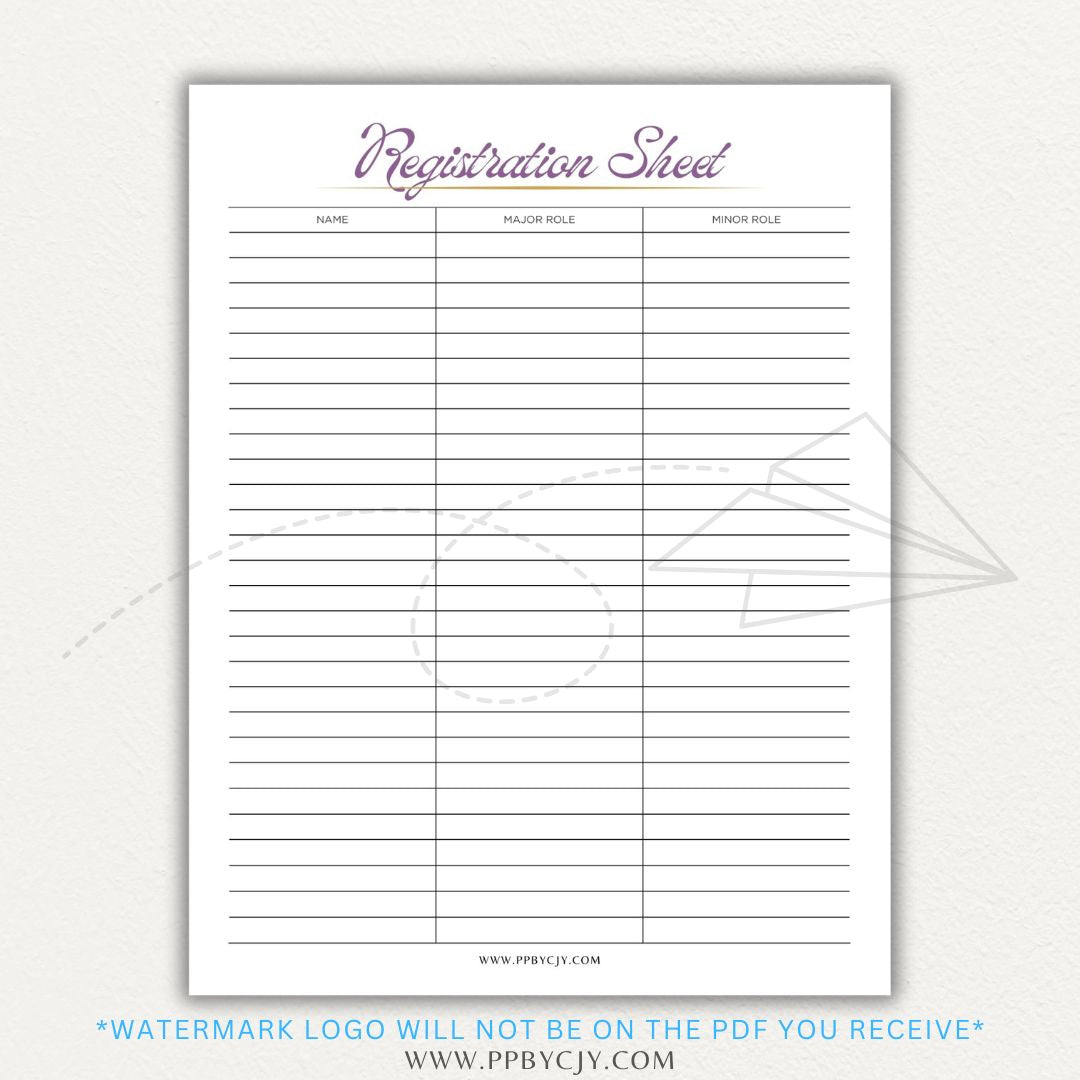 Audition Registration Sheet Printable PDF Template for Casting Calls and Talent Shows