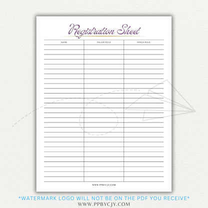 Audition Registration Sheet Printable PDF Template for Casting Calls and Talent Shows