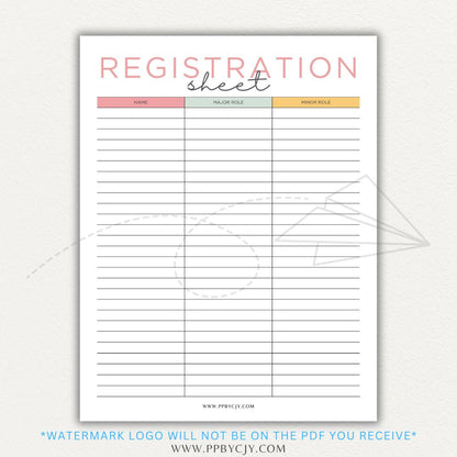 Audition Registration Sheet Printable PDF Template for Casting Calls and Talent Shows