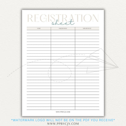 Audition Registration Sheet Printable PDF Template for Casting Calls and Talent Shows