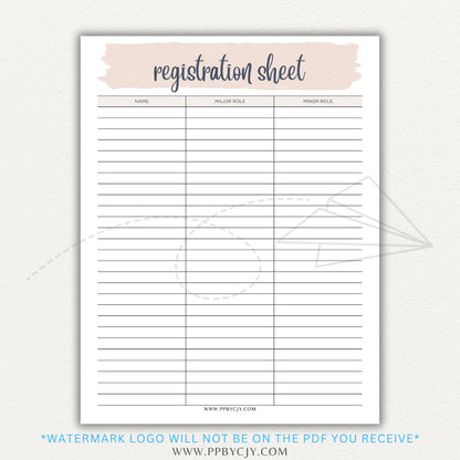 Audition Registration Sheet Printable PDF Template for Casting Calls and Talent Shows