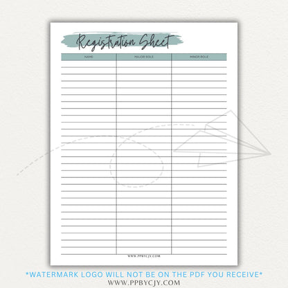Audition Registration Sheet Printable PDF Template for Casting Calls and Talent Shows