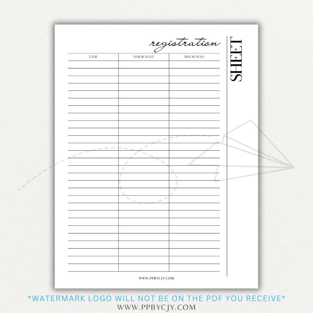 Audition Registration Sheet Printable PDF Template for Casting Calls and Talent Shows