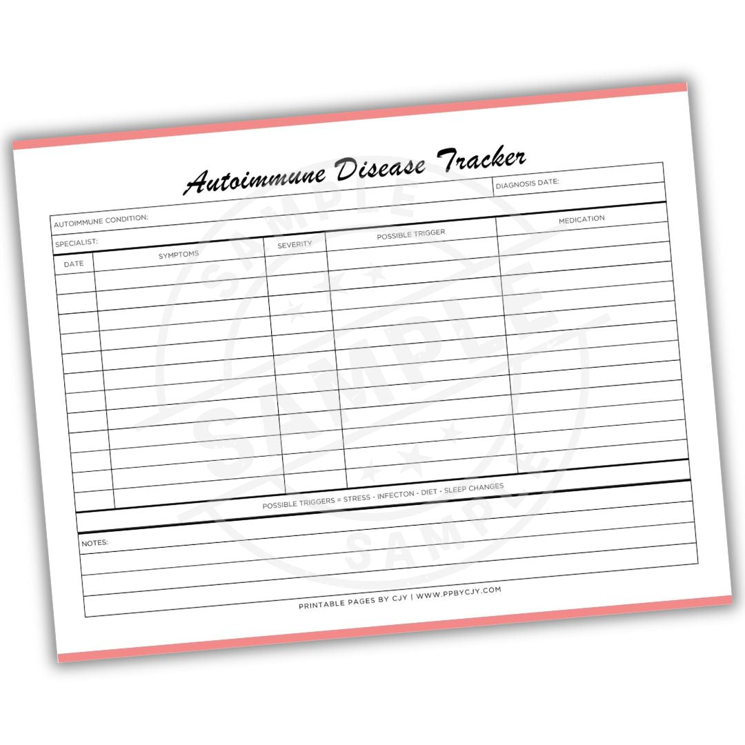 Autoimmune Disease Tracker sheet with columns for condition, symptoms, diagnosis date, etc.
