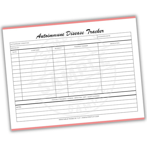Autoimmune Disease Tracker sheet with columns for condition, symptoms, diagnosis date, etc.