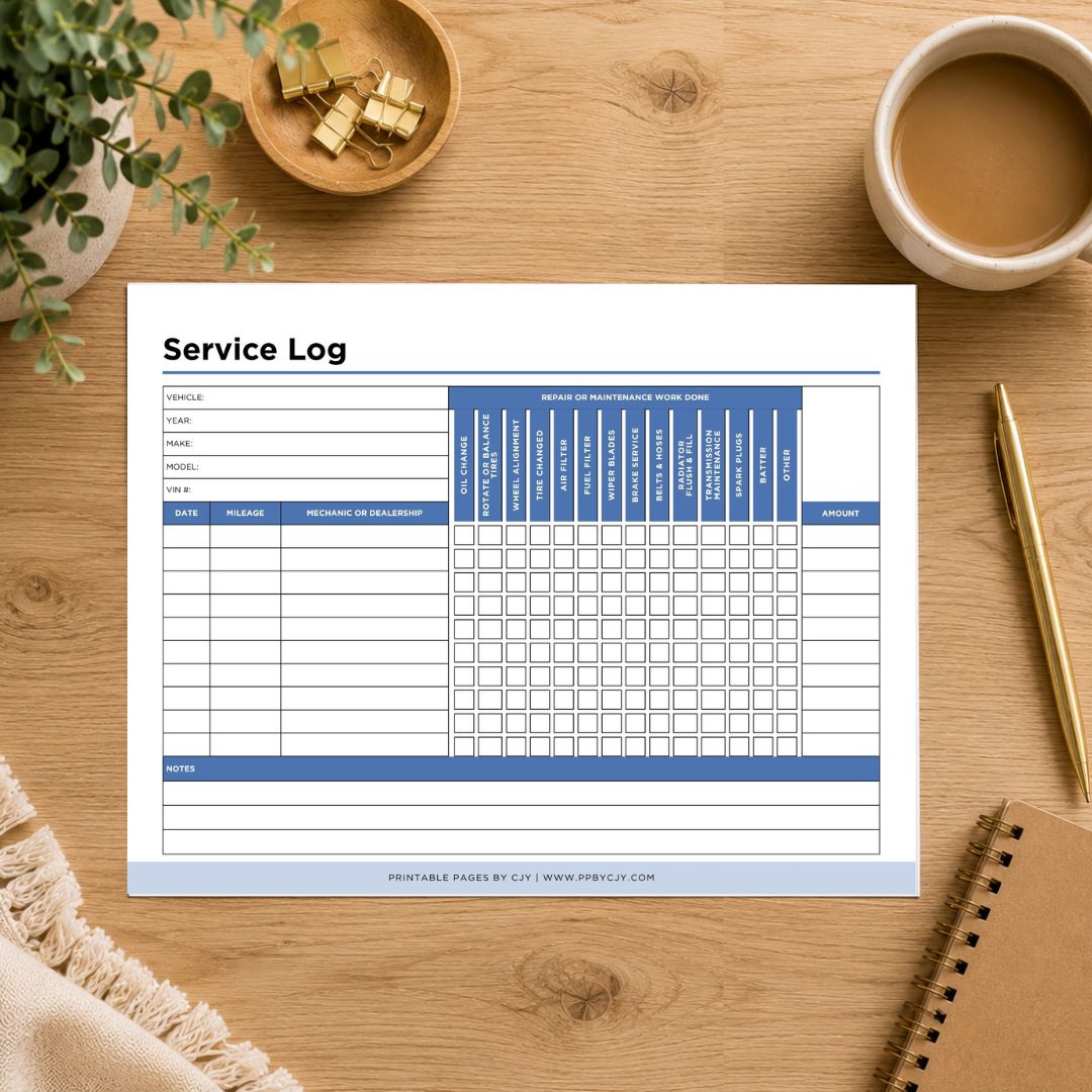 A printable service log template sheet displayed on a wooden desk with coffee, a plant, and stationery props. The form has blue and white sections for vehicle details, service items, and a checklist grid.