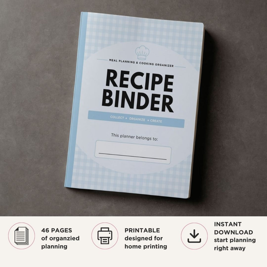Recipe binder planner on a gray background with text about its features.