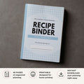 Recipe binder planner on a gray background with text about its features.