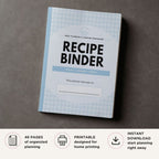 Recipe binder planner on a gray background with text about its features.