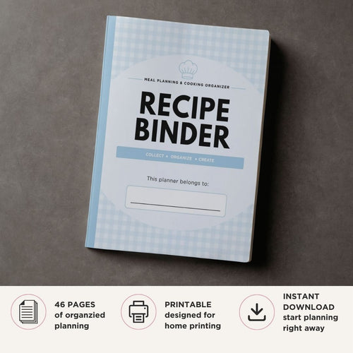 Recipe binder planner on a gray background with text about its features.