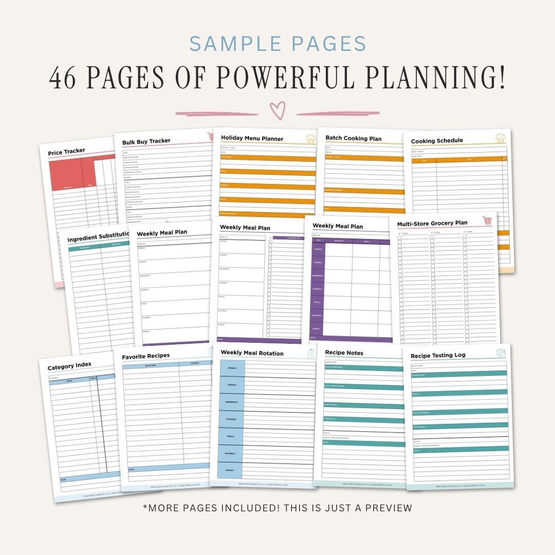 Recipe binder planner pages with text about its features.