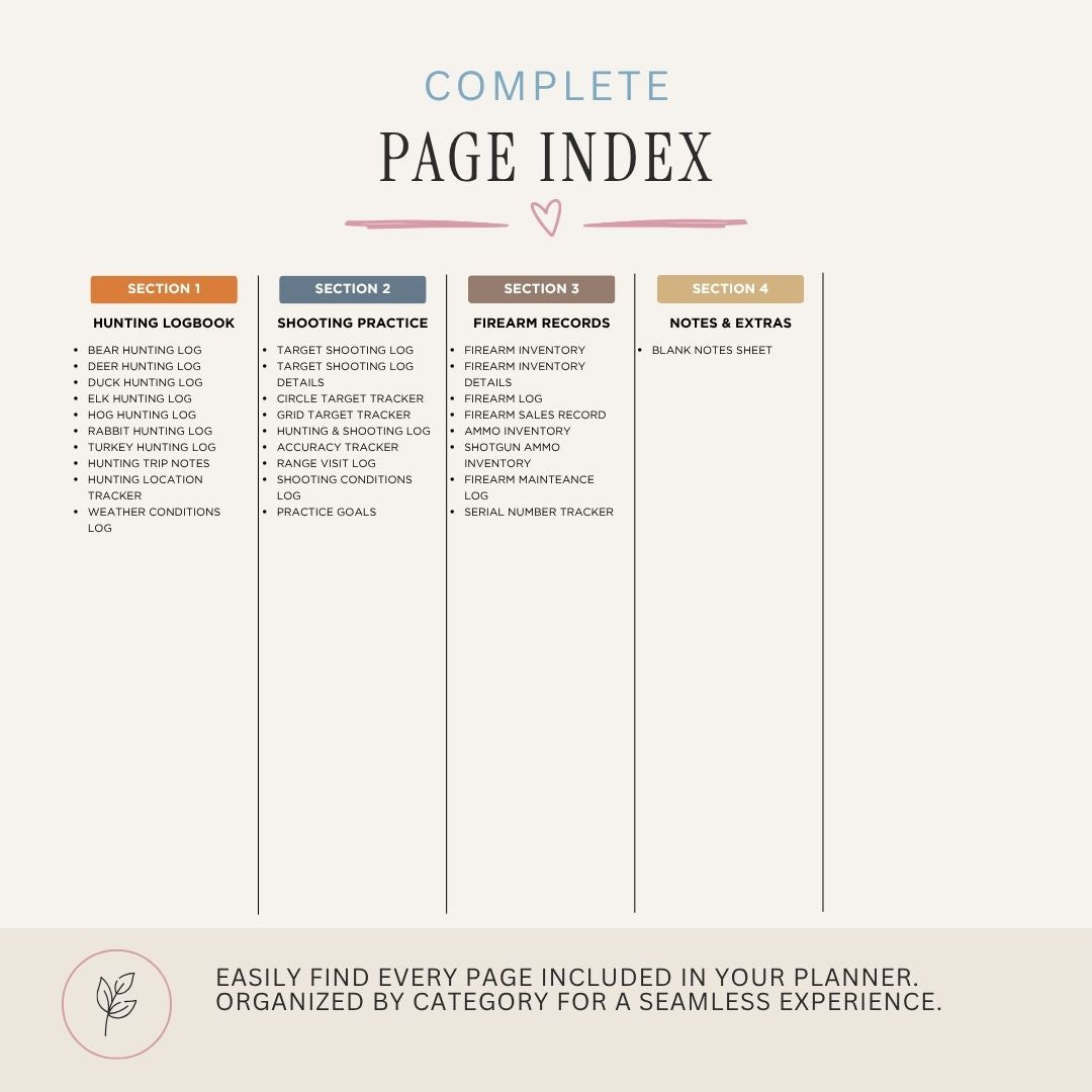 Hunting & Shooting Binder printable hunting logbook page index