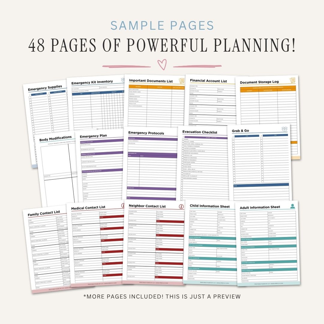 Emergency Prep Binder - 48 Page Family Emergency Organizer sample pages