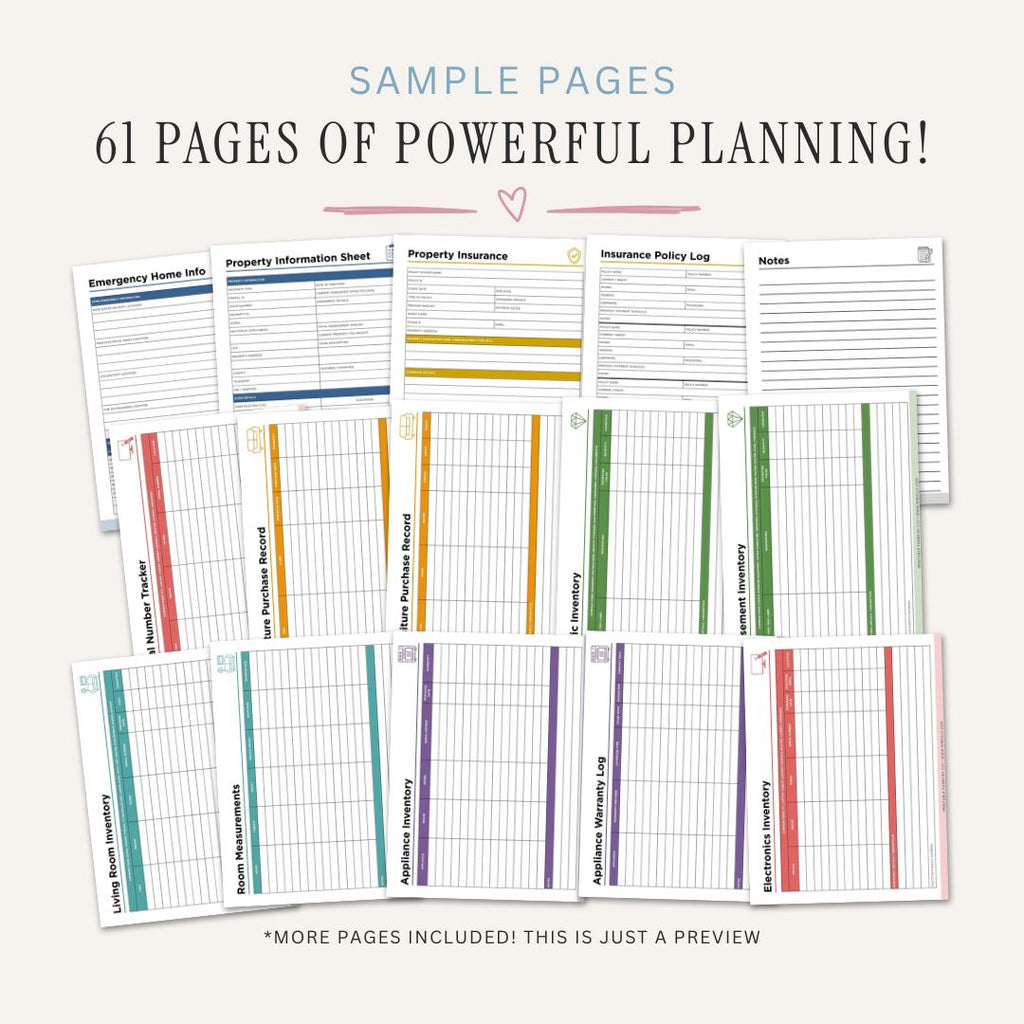 Home Inventory Binder - 61 Page Household Inventory & Insurance Organizer sample pages
