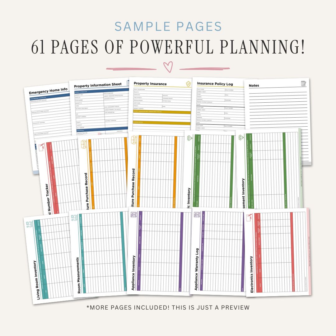 Home Inventory Binder - 61 Page Household Inventory & Insurance Organizer sample pages
