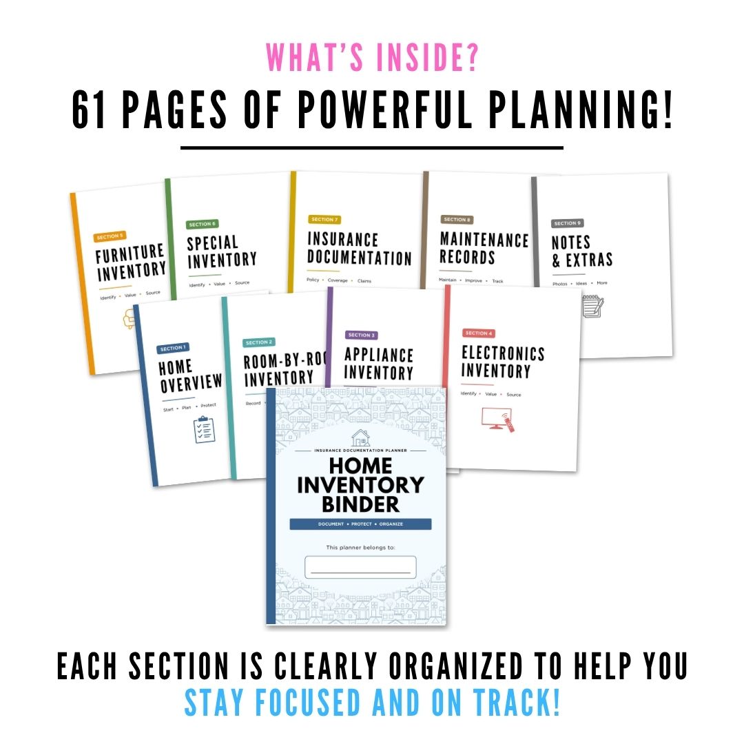 Home Inventory Binder - 61 Page Household Inventory & Insurance Organizer section divider pages
