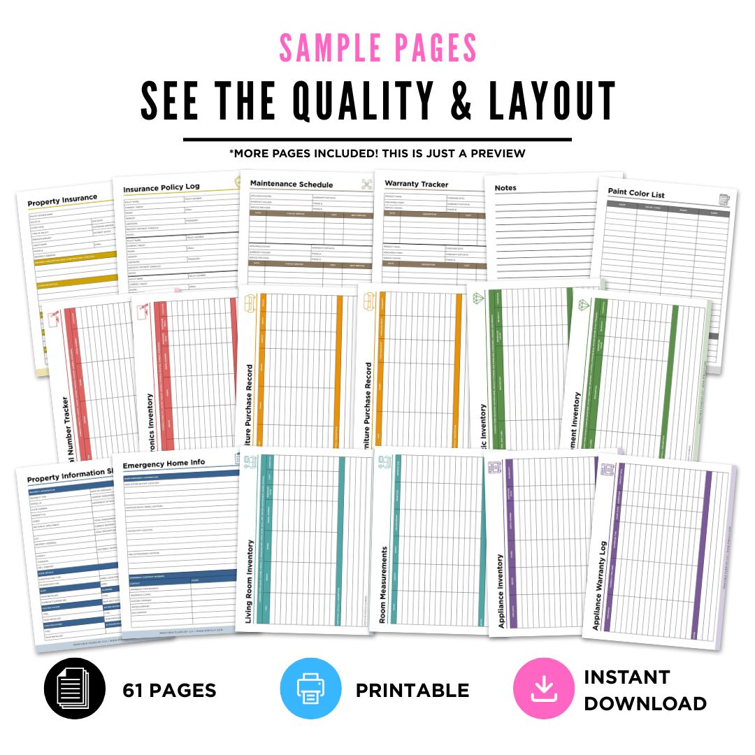Home Inventory Binder - 61 Page Household Inventory & Insurance Organizer printable binder spread
