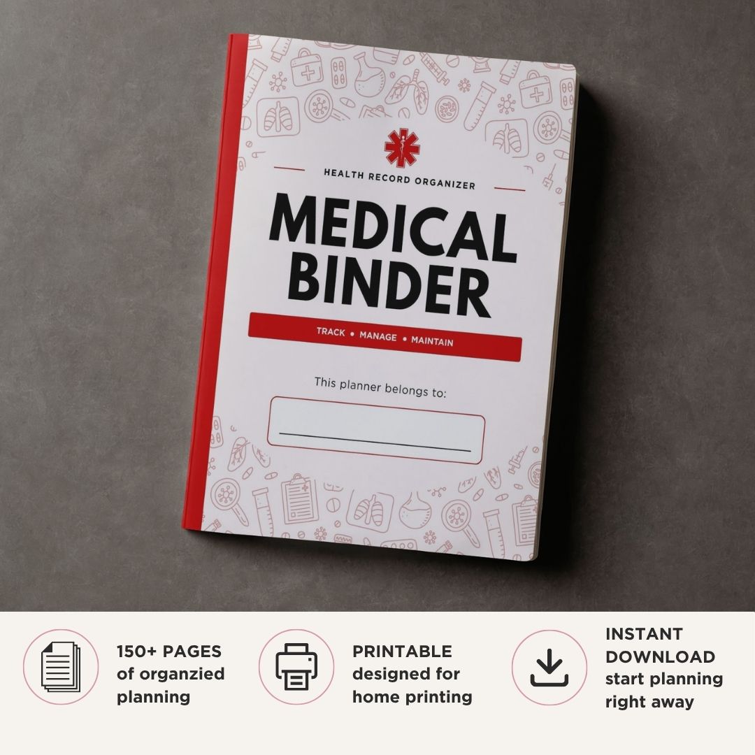 Medical binder planner on a gray background with text about its features.