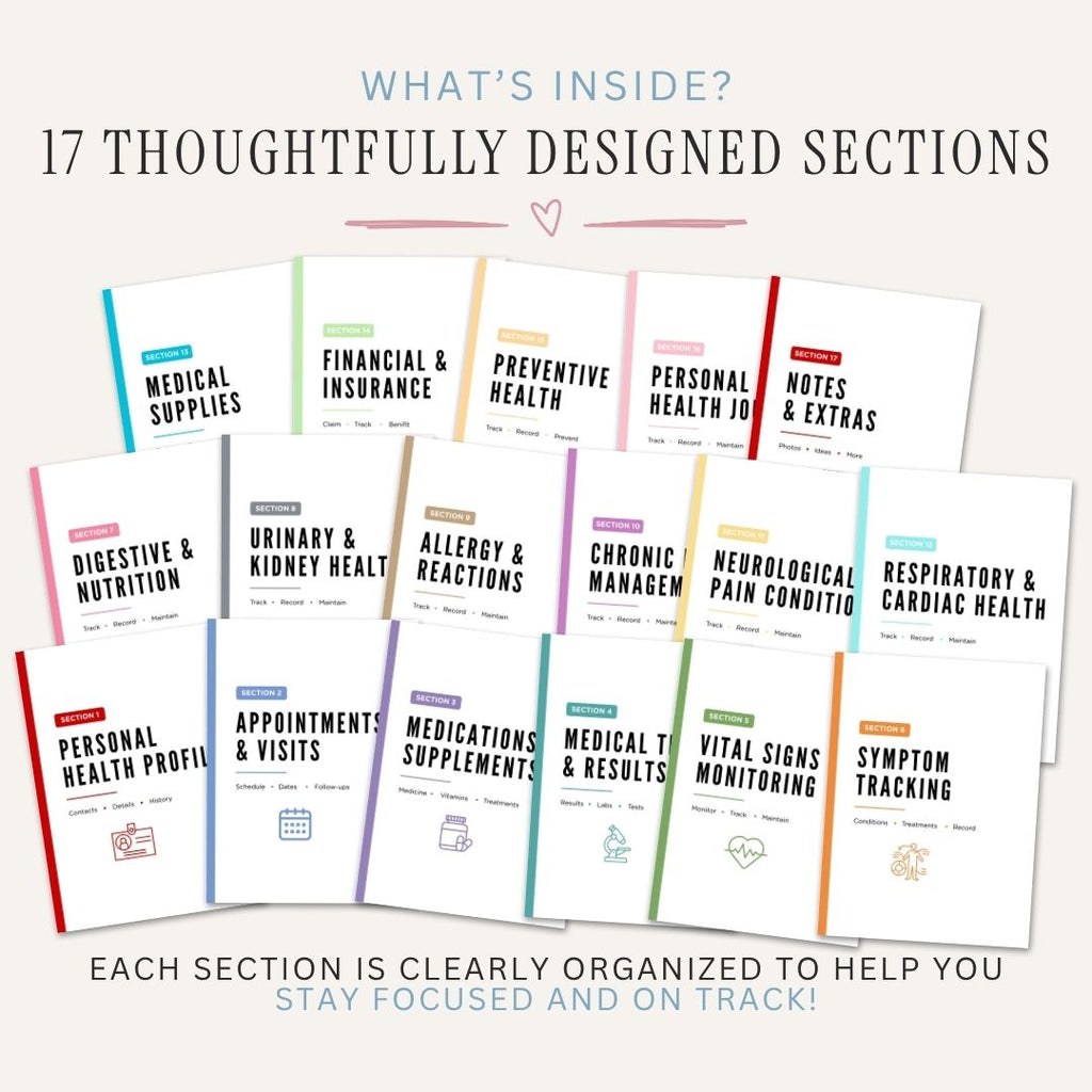 Medical binder sections of health and wellness journals 