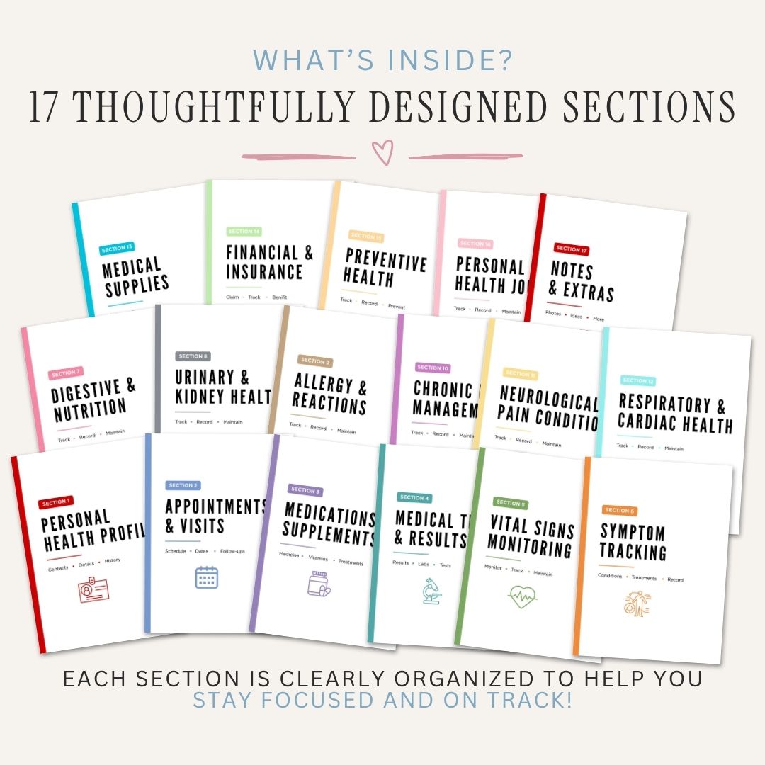 Medical binder sections of health and wellness journals 