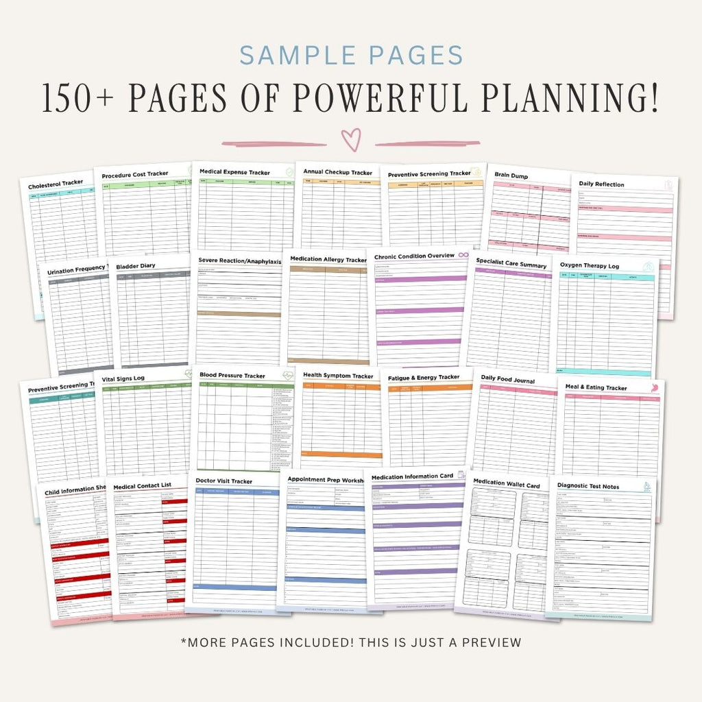 medical binder sample  planner pages with various tracking lists on a white background
