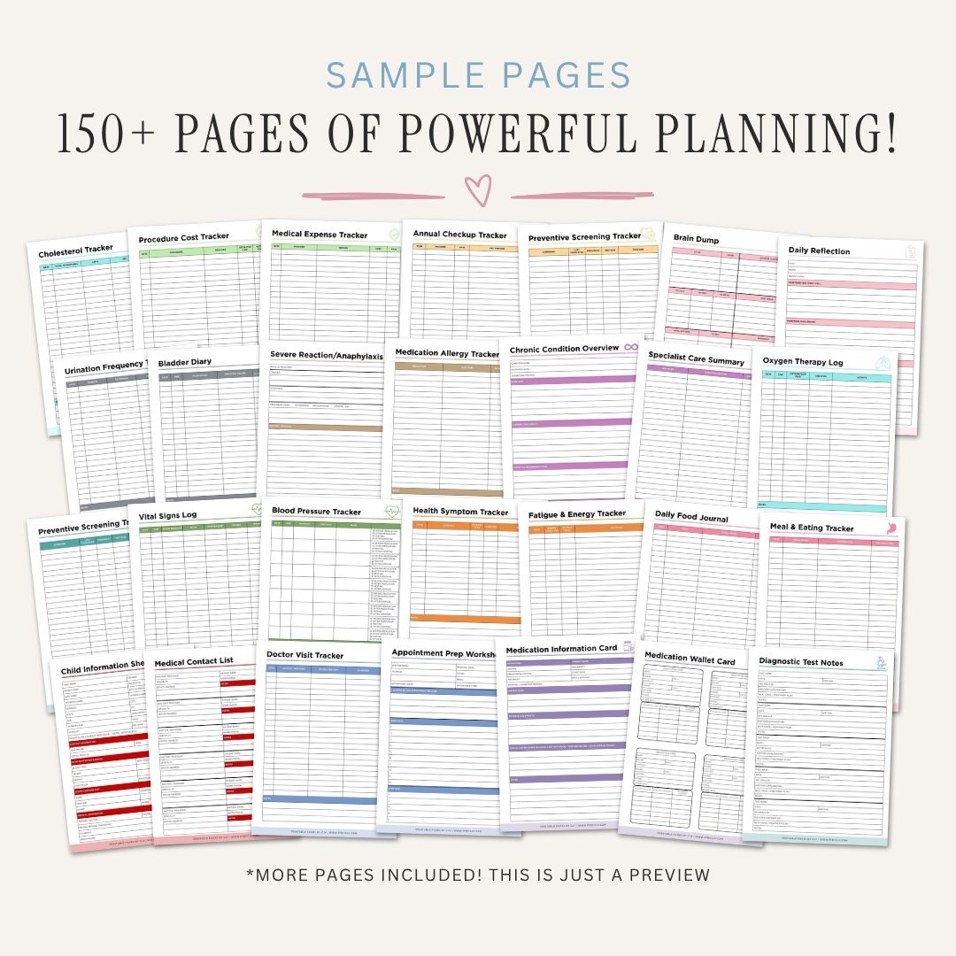 medical binder sample  planner pages with various tracking lists on a white background