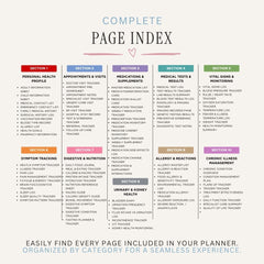 medical binder Complete page index for a planner with sections listed.