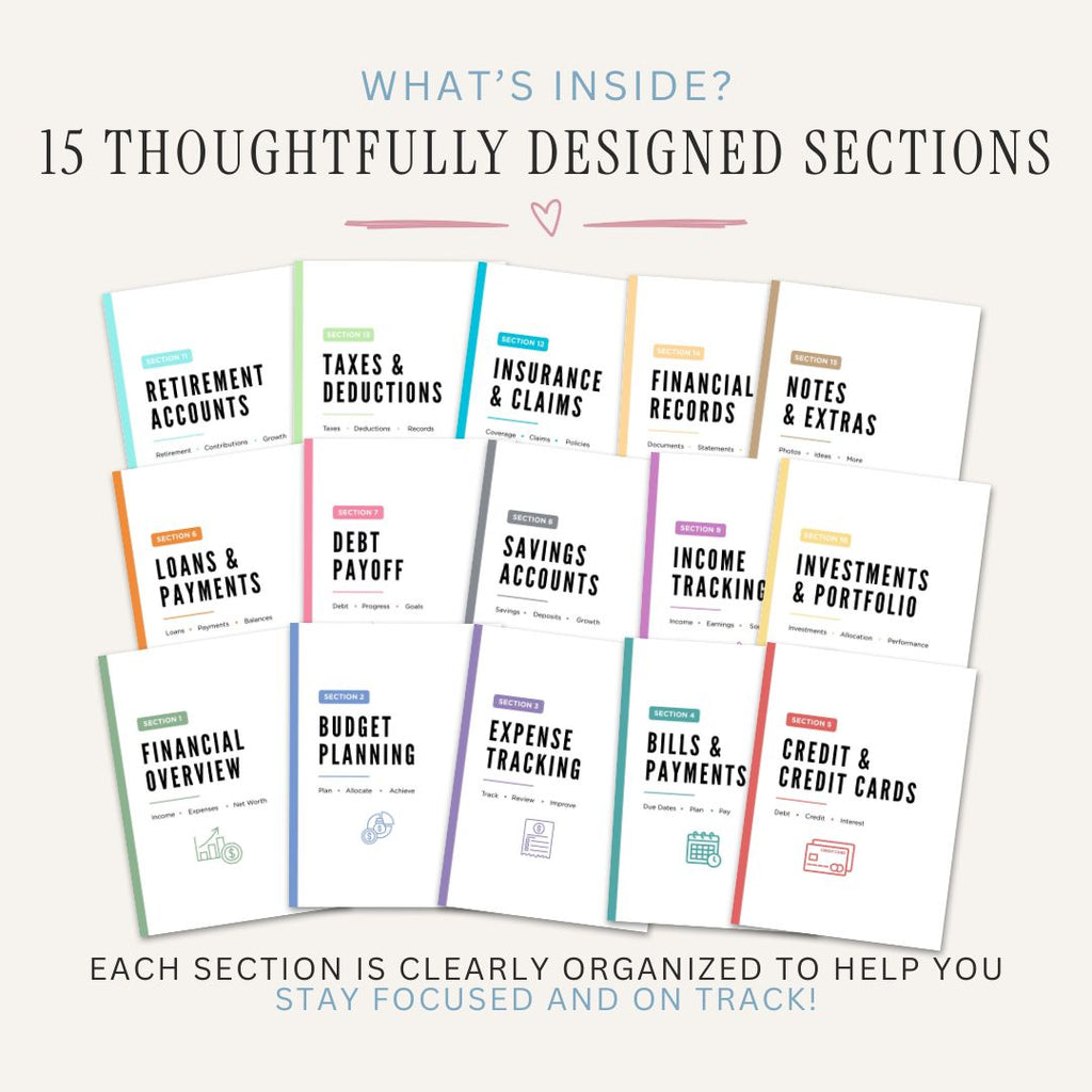 budget and finance binder Pages  with section titles on a white background