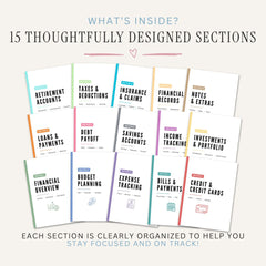 budget and finance binder Pages  with section titles on a white background