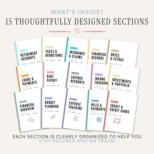 budget and finance binder Pages  with section titles on a white background