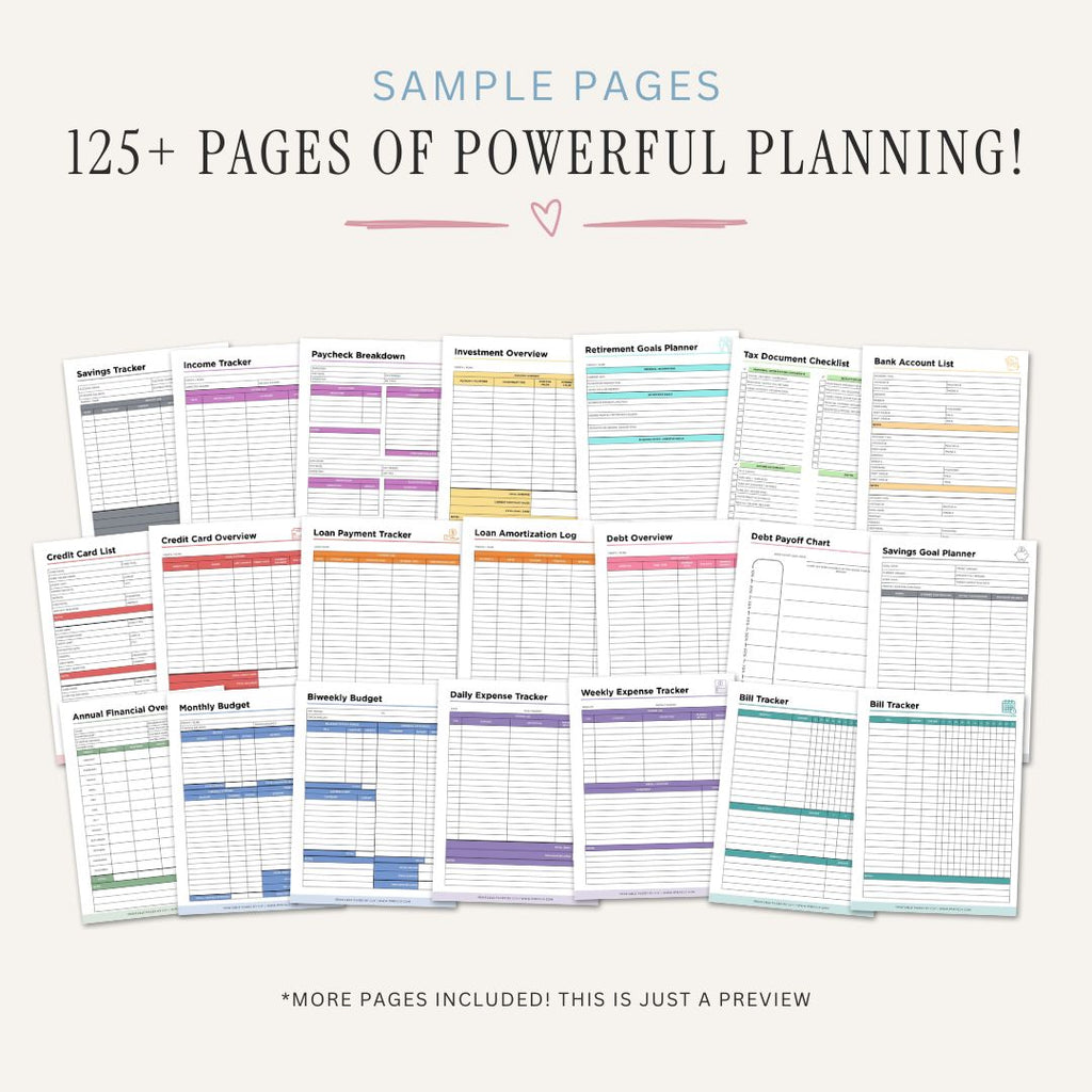 Collection of financial planning sheets on a white background with text indicating sample pages.