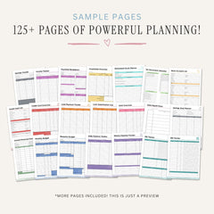 Collection of financial planning sheets on a white background with text indicating sample pages.