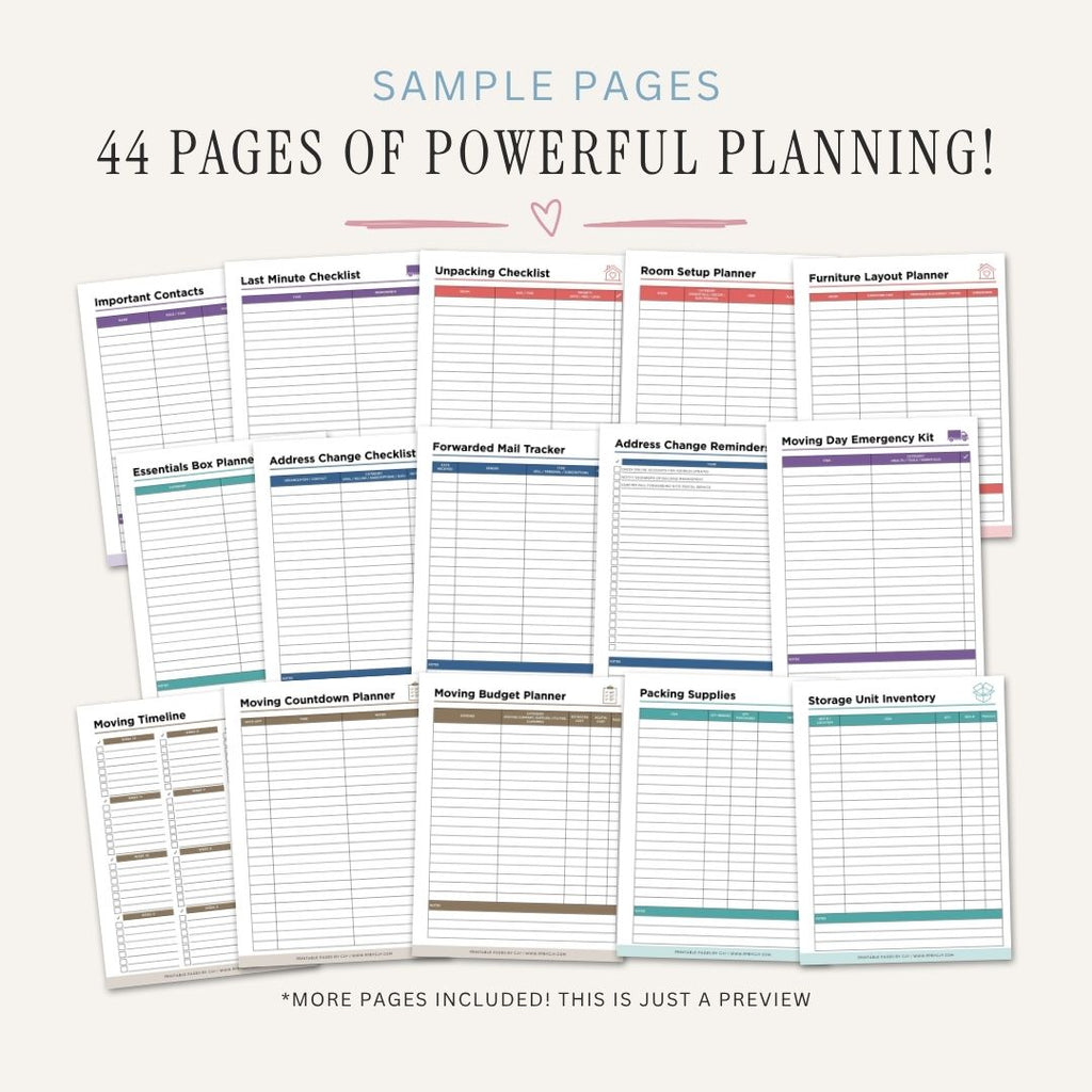 Moving Binder - 44 Page Home Moving Planner & Packing Organizer sample pages