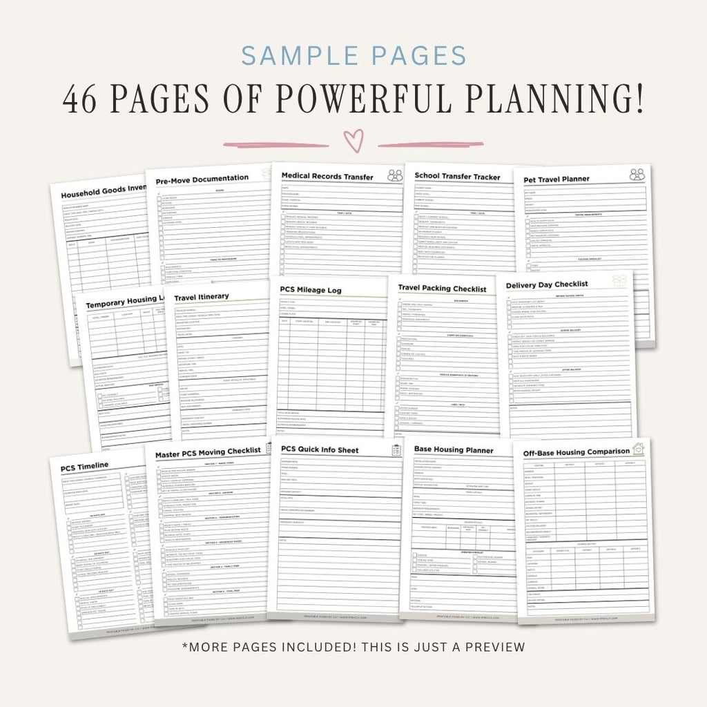 Military PCS Moving Binder printable relocation planner sample pages