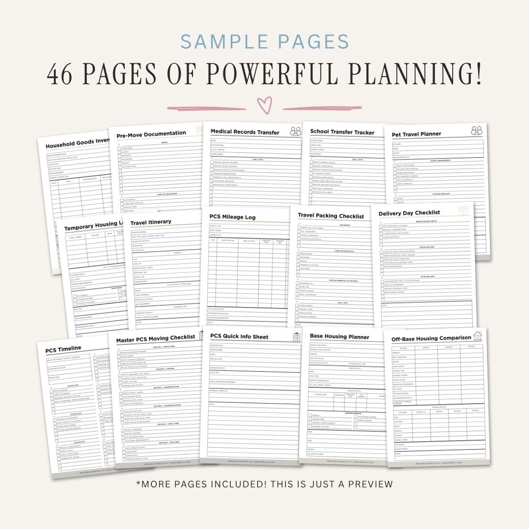 Military PCS Moving Binder printable relocation planner sample pages