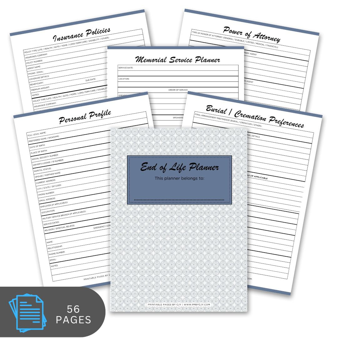 End of life planner with various pages on a white background